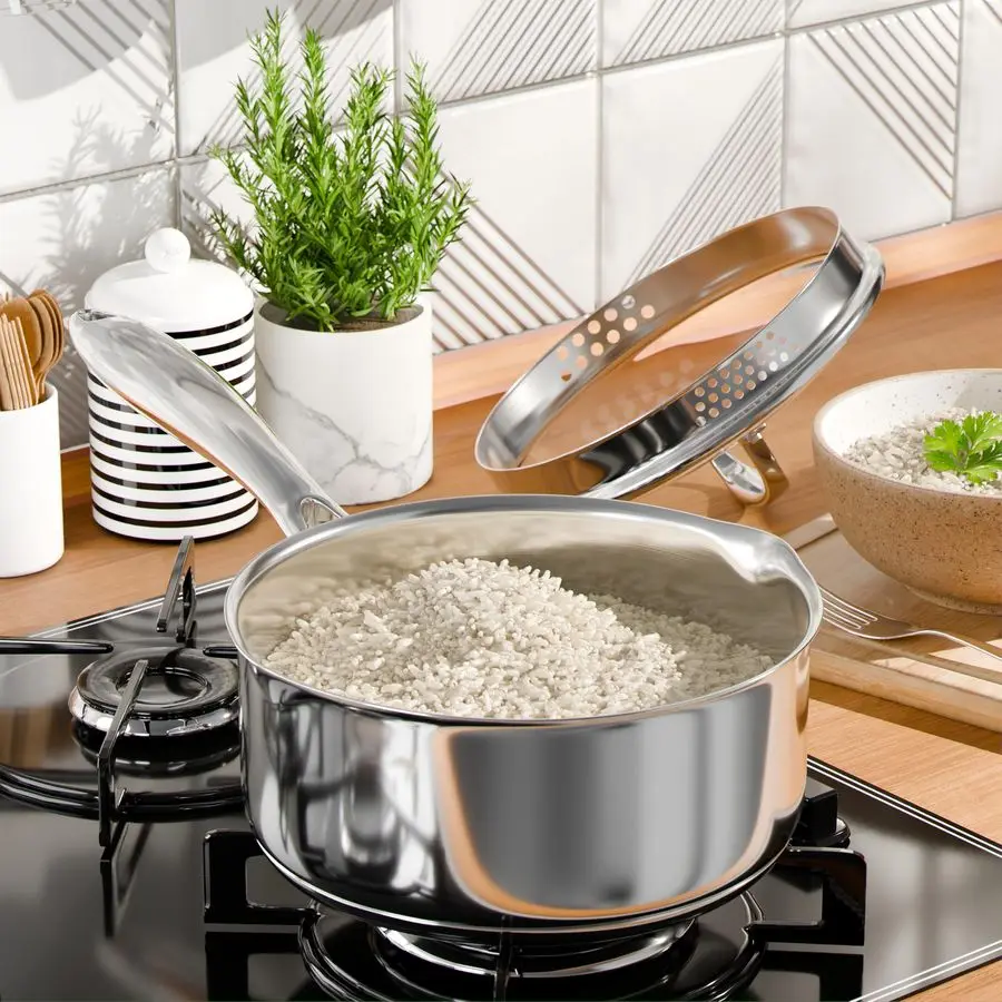 

Steel Saucepan Set with Strainer Glass Lid, 1Quart and 2Quart TriPly Capsule Bottom Sauce Pan Pot, Two Pour Spout, Dishwasher an