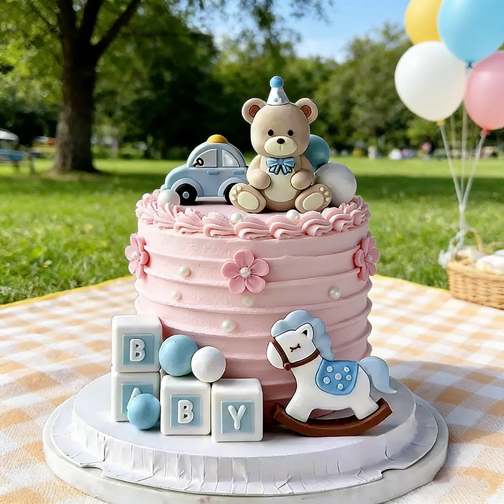 Baby Building Blocks Car Trojan Horse Blue Pink Bear Cake Toppers For Boy Girl Baby Shower Birthday Party Cake Decor Set
