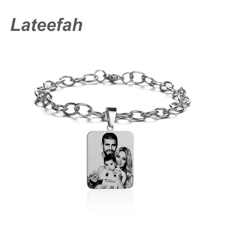 

Lateefah Personalised Pulseras De Hombre Stainless Steel Customised 20cm Heart Round Rectangle Charm Engraved Photo Men Bracelet