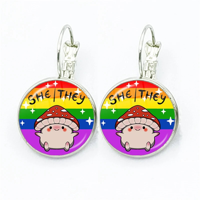 Genderfluid Pride She They Mushroom Pronoun Dangle Earrings Glass Cabochon Cute Drop Earrings Lady Earrings Jewelry Gift