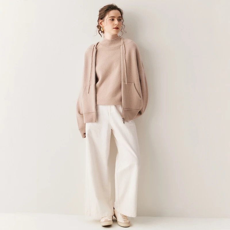 

Высококачественный женский свитер из 100% кашемира, кардиган с капюшоном, повседневный свободный стиль, трикотаж из чистого козьего кашемира, осенне-зимнее плотное пальто