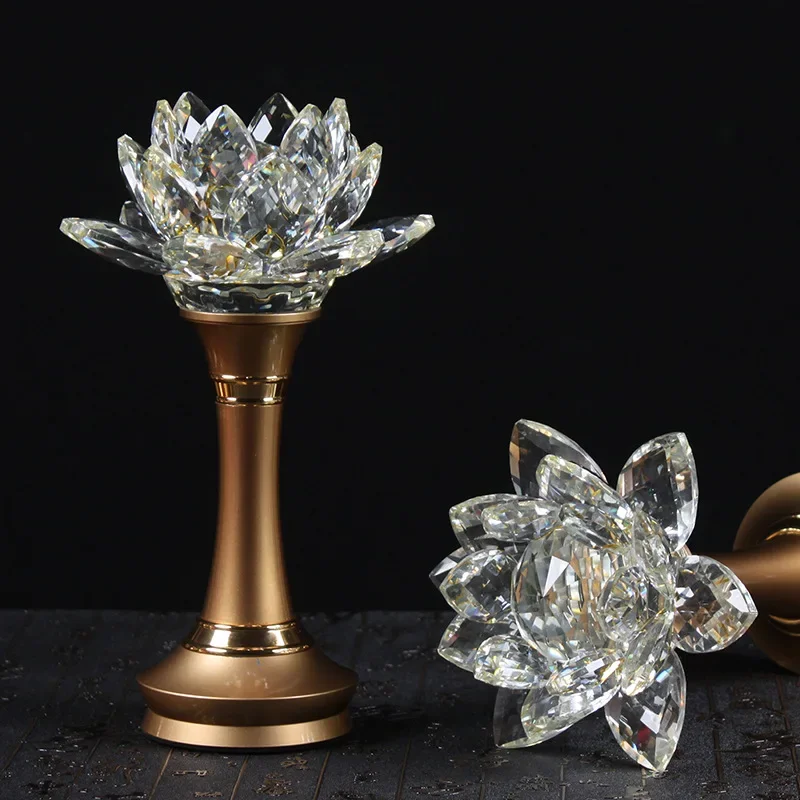 

2pcs Crystal Lotus Candle Holder Ornaments Charge Simulated Candlestick Buddha Hall Worship Home Decoration Buddhist Supplies