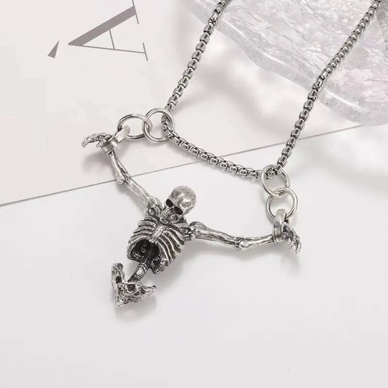 Silver Color Upper Body Skull Pendant Men\'s Biker Punk Necklace Gothic Alternative Casual Jewelry