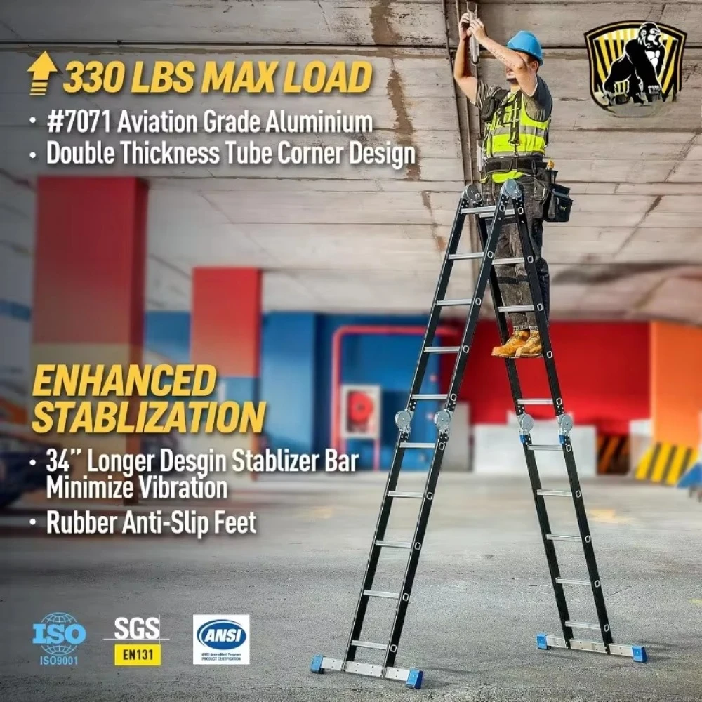 Folding Step Ladder, 19.6ft, 7 in 1 Multi-Purpose Folding Adjustable Telescoping Aluminium Extension Ladders, 330lbs