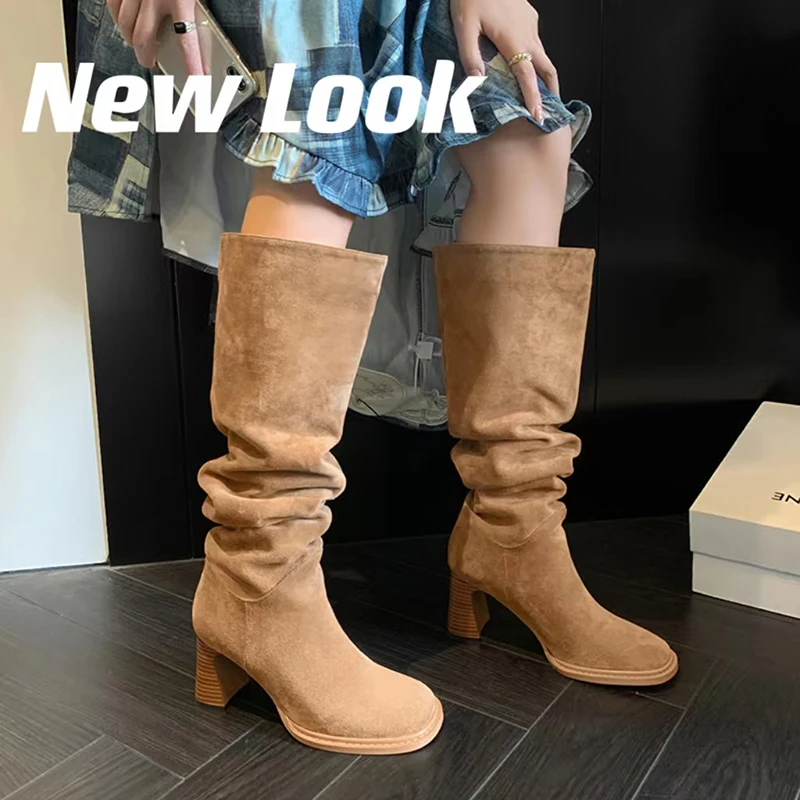 

Women High Boots Large Girth Spring Autumn Woman Boots Fashion Ladies Shoes Simple Pleated Hot Girls Shoes Faux Suede Botas