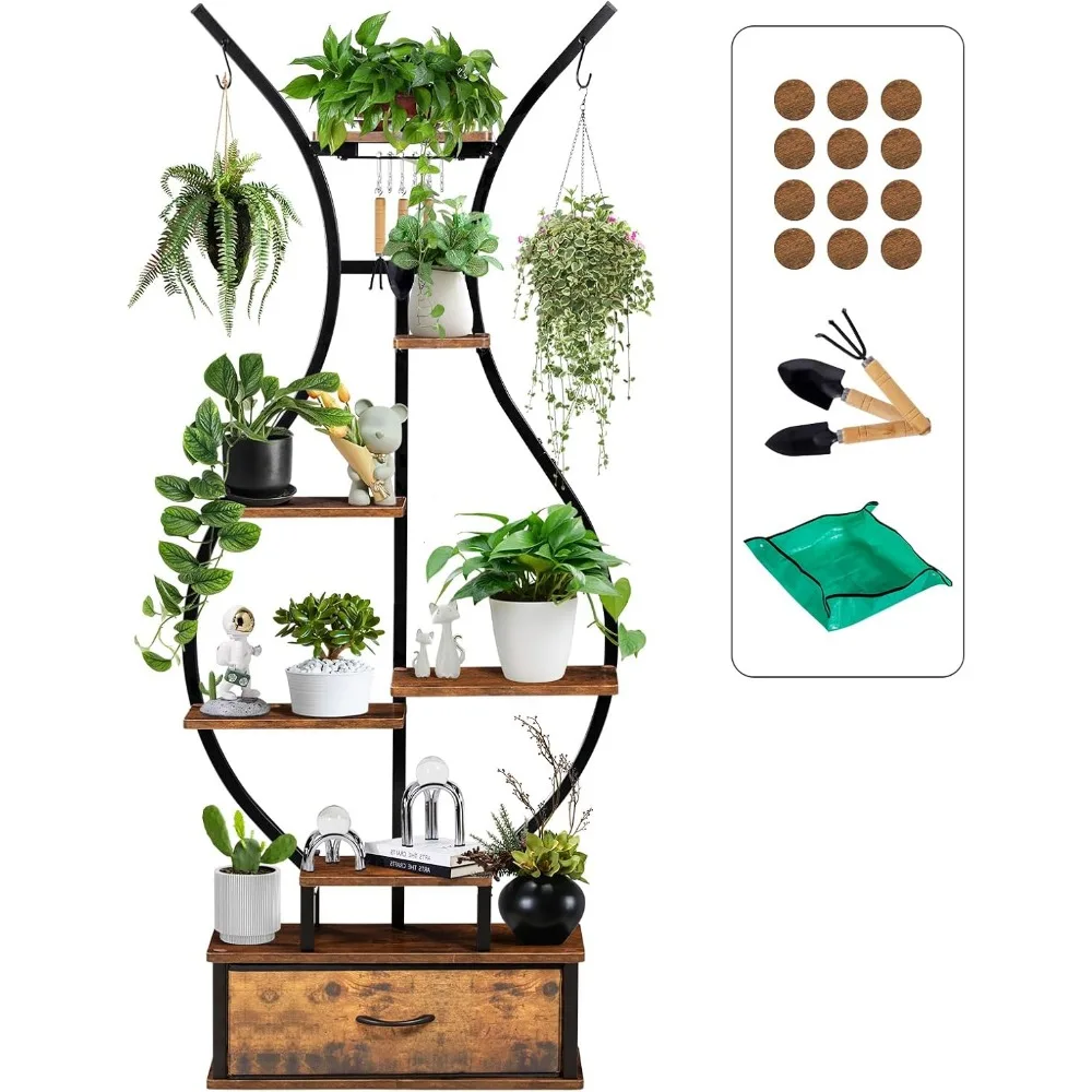 7-Tier Indoor Plant Stand with Hanging Hooks & Drawer,Vase-Shaped Corner Plant Stand includes Tool Hangers