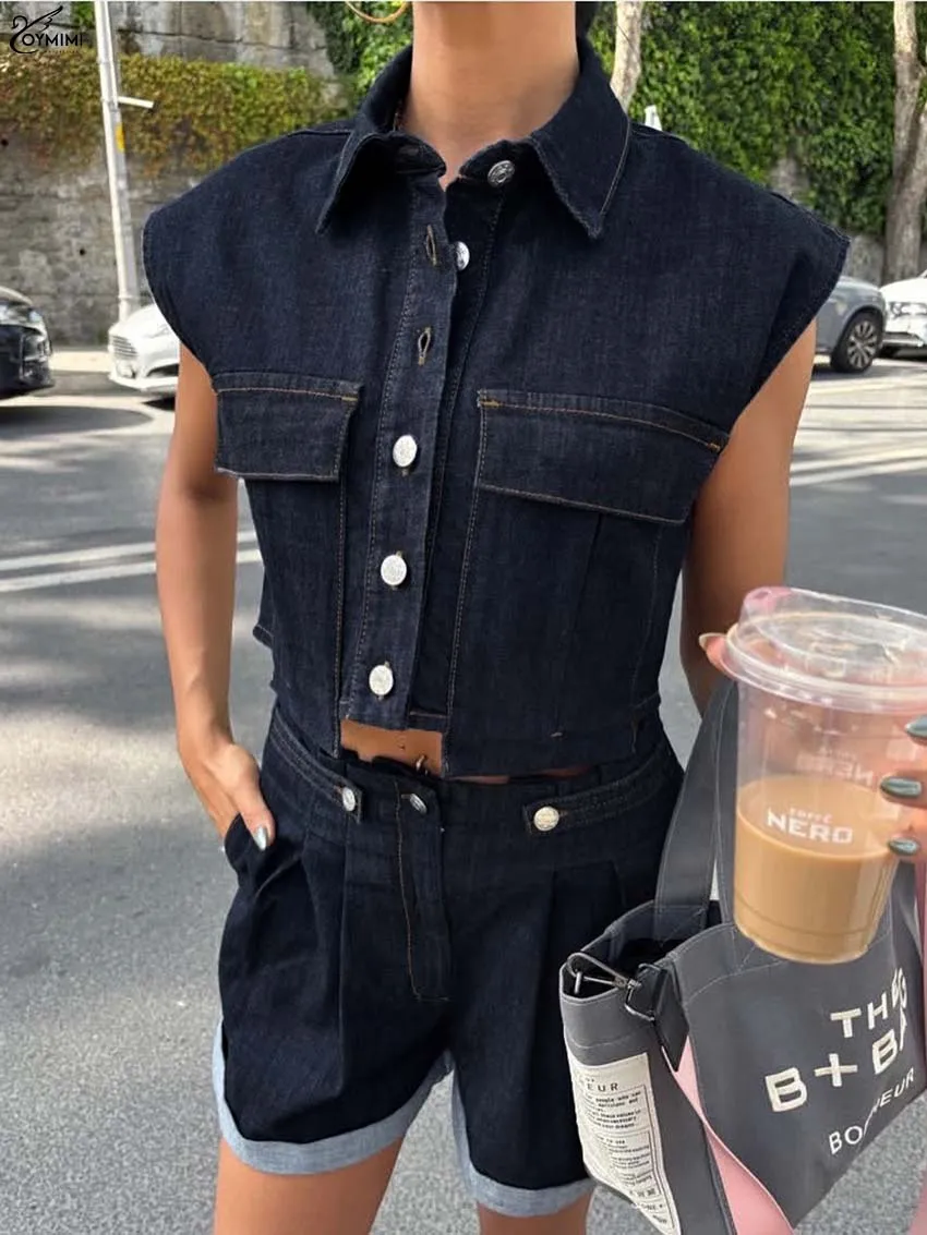 Oymimi модный темно-синий комплект из двух предметов, женские элегантные укороченные топы без рукавов с лацканами и карманами на пуговицах со средней талией, женские комплекты