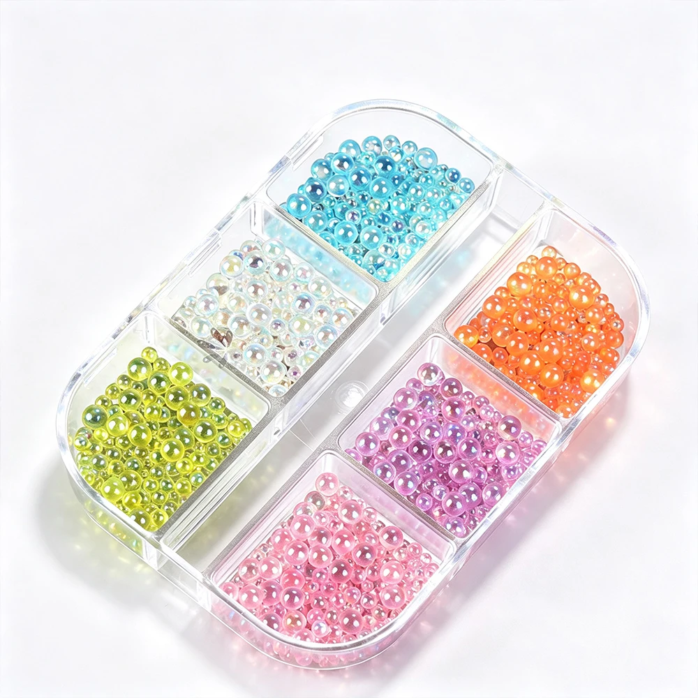 6Grids Macaron Pastel Half Round Nail Pearls 3D Transparent Aurora Mermaid Beads Nail Rhinestones For DIY Manicure Nail Supplies