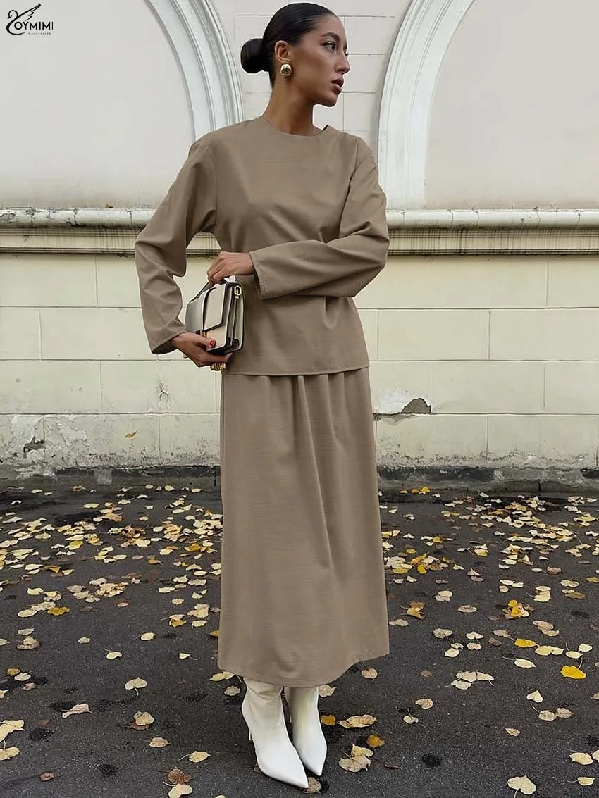 

Oymimi Fashion Khaki Loose Two Piece Outfits Woman Casual O-Neck Long Sleeve Lace-Up Blouses And Simple Mid-Calf Skirts Sets