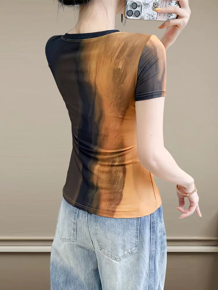 2025 Summer T-shirts Women's Sheer Mesh Floral Positioning Print Slim-Fit Round Neck Chic Top Female Basic Simple Tee