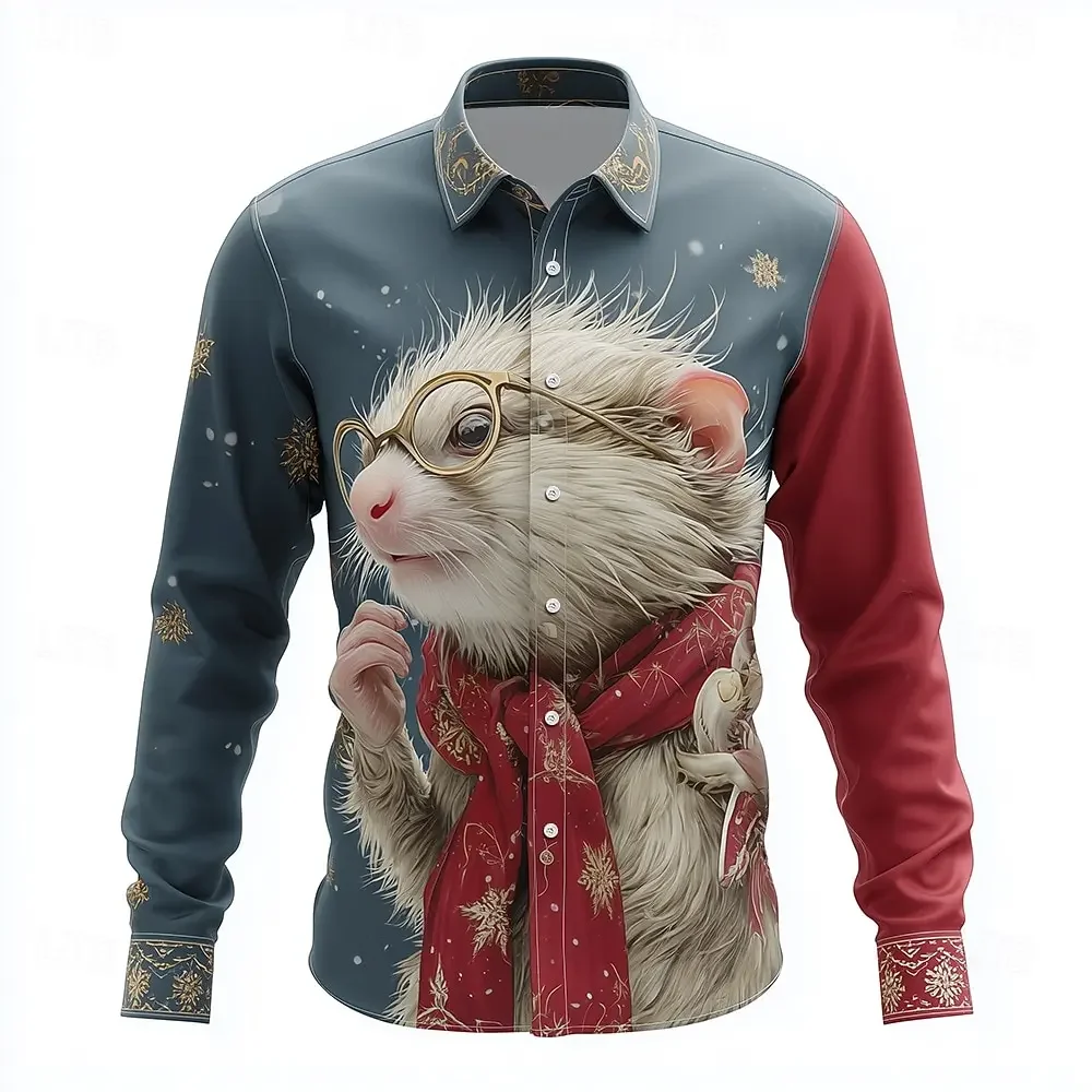 New Christmas Theme Men's Snowflake Christmas Animal Cute Pet Print Shirt Button Shirt Casual Long-sleeved Shirt Street Shirt