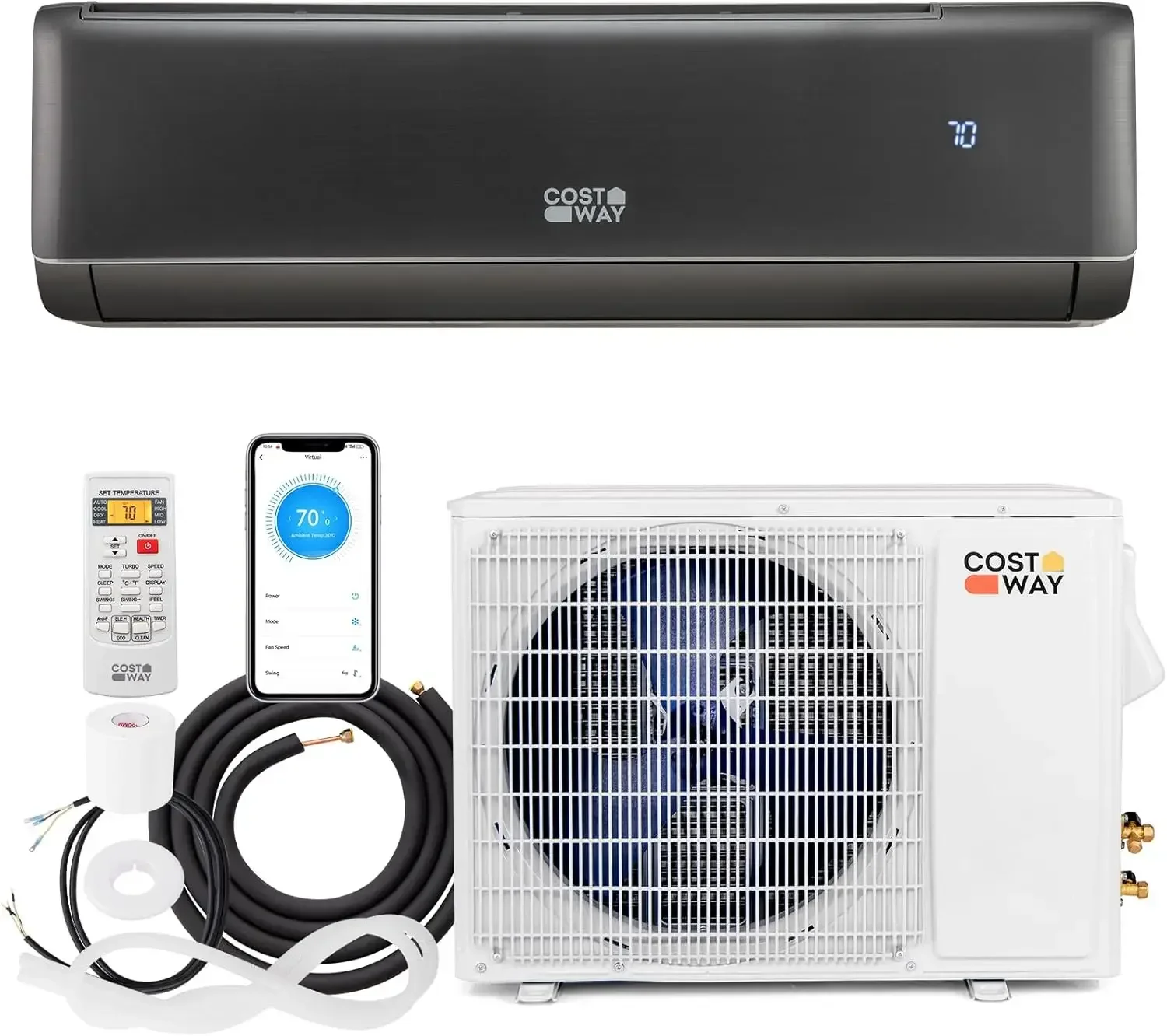 

COSTWAY 12000 BTU Wifi Enabled Mini Split Air Conditioner & Heater, 21 SEER2 208-230V Inverter AC Unit Cools Rooms up to 750