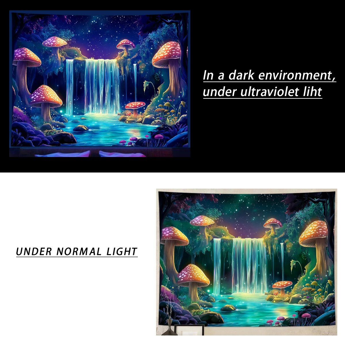 1pc Fluorescent mushroom tapestry, UV reactive black light tapestry, mysterious mushroom natural landscape forest tapestry