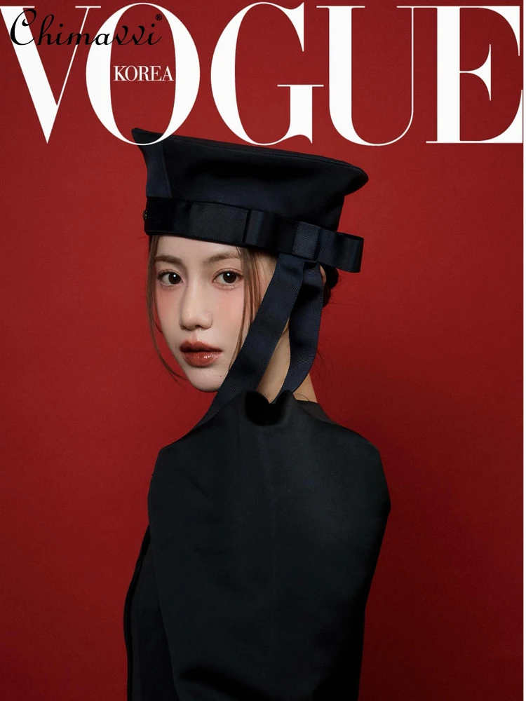 

Темно-синяя шляпа с длинной лентой и бантом в японском стиле, осенняя новинка 202, милые крутые универсальные береты для девочек, женская шляпа