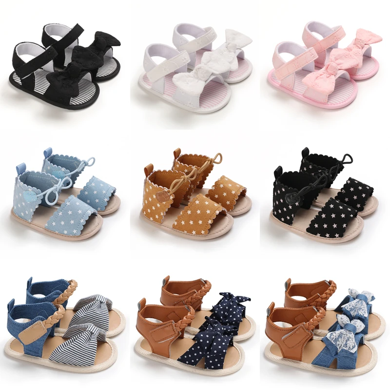 Infant Baby Shoes Girl Flats Sandals Soft Sole Anti-Slip Summer Bowknot Dot Stripe Lace Crib Shoes Newborn First Walker Hot Sale