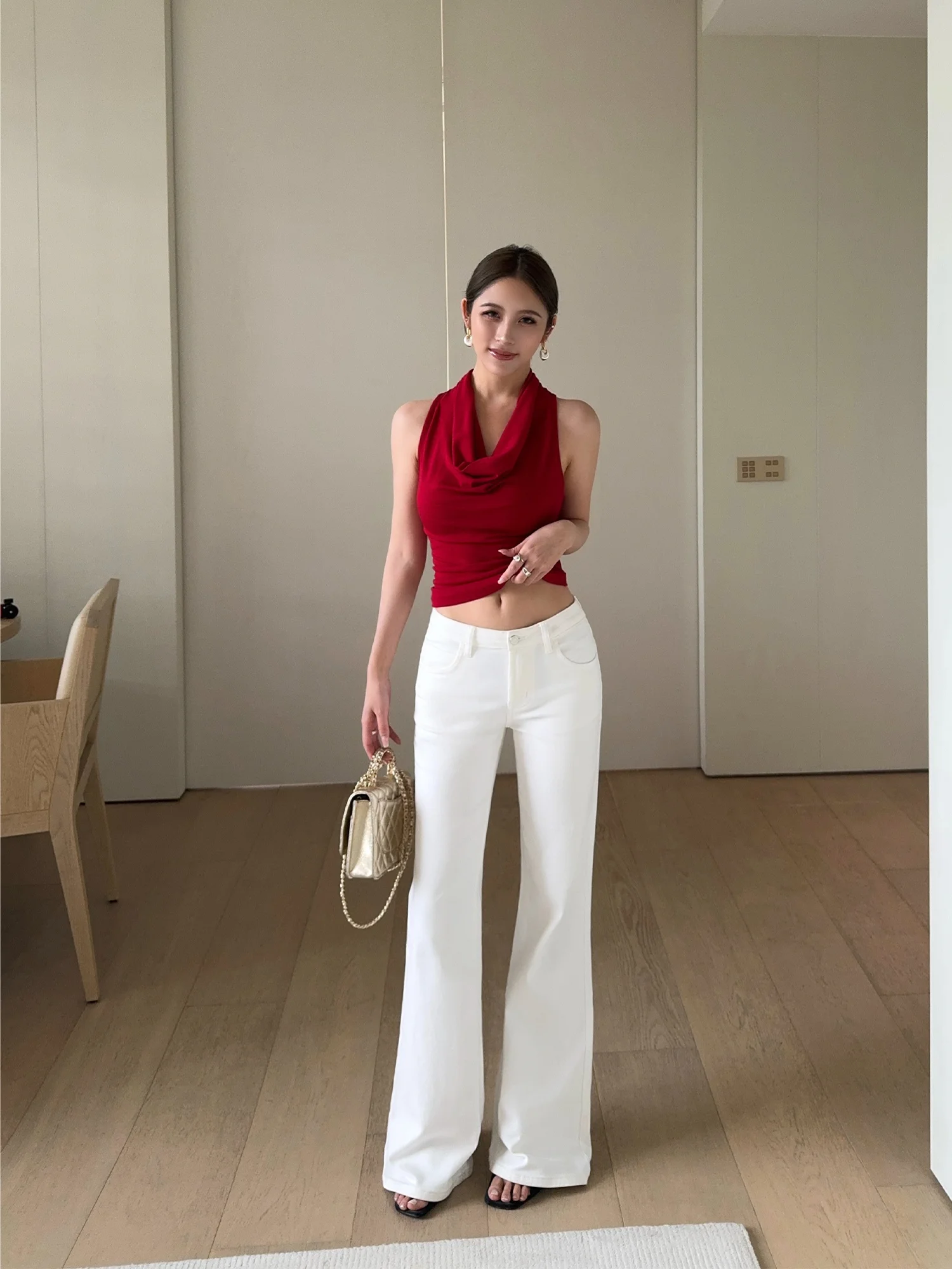 Neva Hu Retro White Bell Bottom Jeans Women's Low Waist Elastic Slimming Long Leggings Cotton Zipper Closure mid Stretch