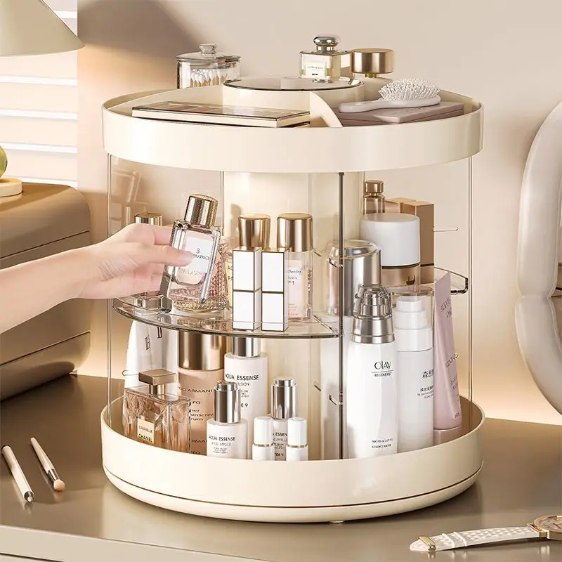 360 Degree Rotating Makeup Organizer, 3 Tier Clear Cosmetic Storage Box with Cream White Frame, Large Capacity Vanity Holder for