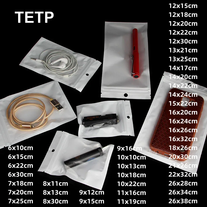 TETP 100Pcs White Ziplock Bag With Hang Hole Store Accessories Data Cable Earphone Packaging Display Storage For Small Business