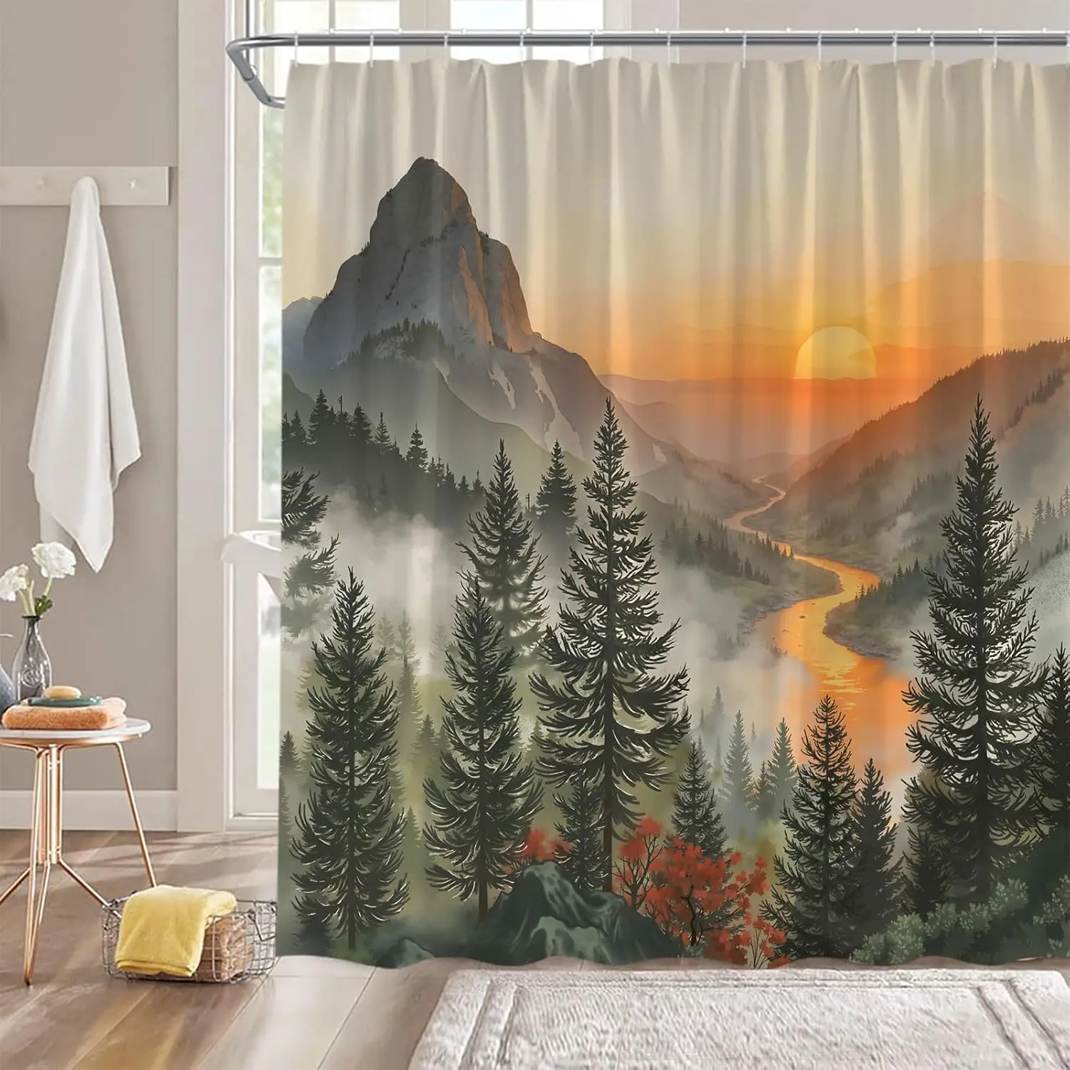 

Misty Mountain Sunset Shower Curtain, Pine Trees and River in Golden Hour, Waterproof Fabric Bathroom Curtain for Nature Lovers