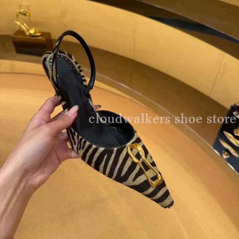 

Color Blocked Zebra Stripe Irregular Metal Keyhole Decor Pointed Toe Fashion Sandal Sexy Kitten Heel Back Strap Slingback Sandal