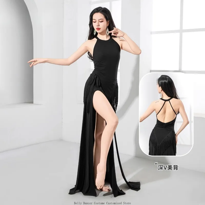 Customized Belly Dance Costume for Women's Modal Dress+Tassel Hip Scarf 2pcs Adult Oriental Dancing Professional Practice Outfit