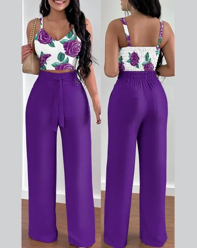 

Women's V-neck sleeveless casual style 2024 tropical printed round neck top and high waisted pants set