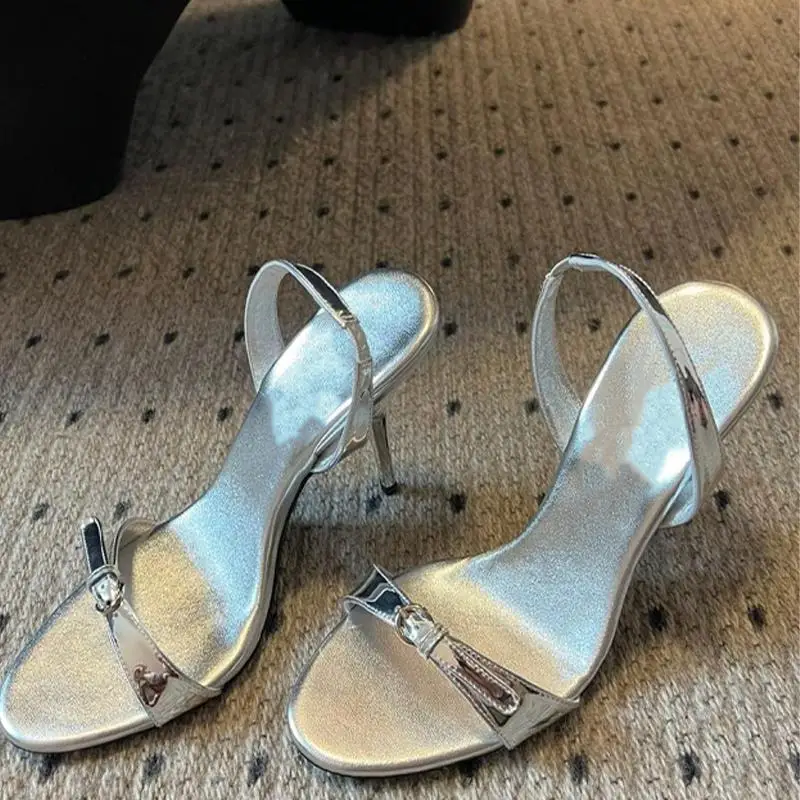 2025 New Versatile Open Toed Round Head Rear Tripping Strap One Word Strap Metal Buckle High Heel Sandals for Women