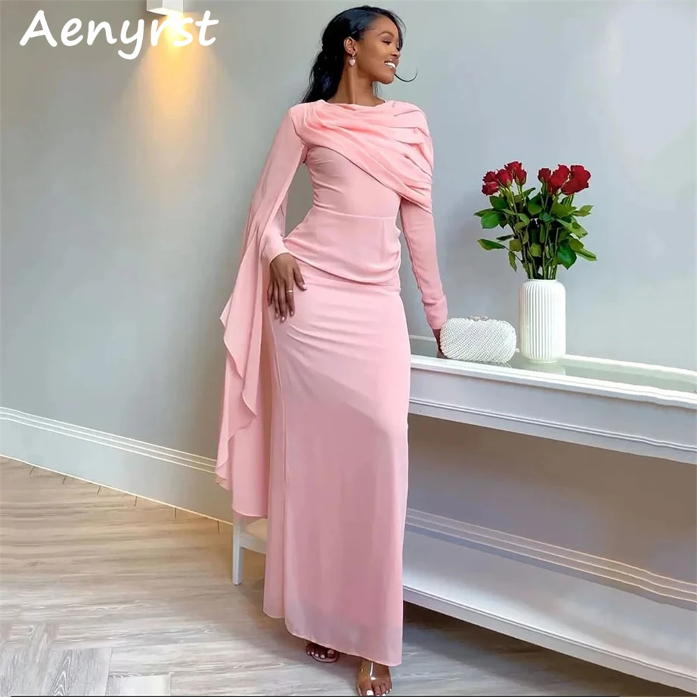 

Aenyrst Pink Long Sleeves Saudi Arabia Evening Dresses Mermaid Chiffon Prom Dress Ankle Length Party Gowns Long فساتين السهرة