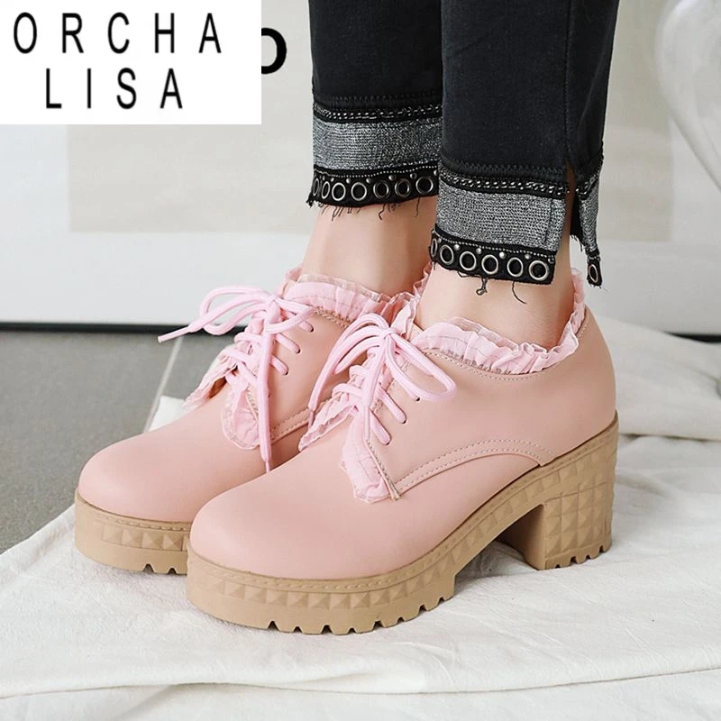 ORCHA LISA Design Female Pumps Round Toe Chunky Heels 6.5cm Platform 2.5cm Lace Up Mixed Color Large Size 41 42 43 Fashion Shoes