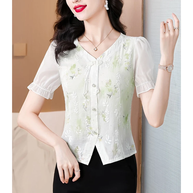 Women\'s Vintage Elegant Chinese Style Button Up Shirt Summer V Neck Short Sleeve Sweet Shirt Casual Commute Embroidery Slim Tops