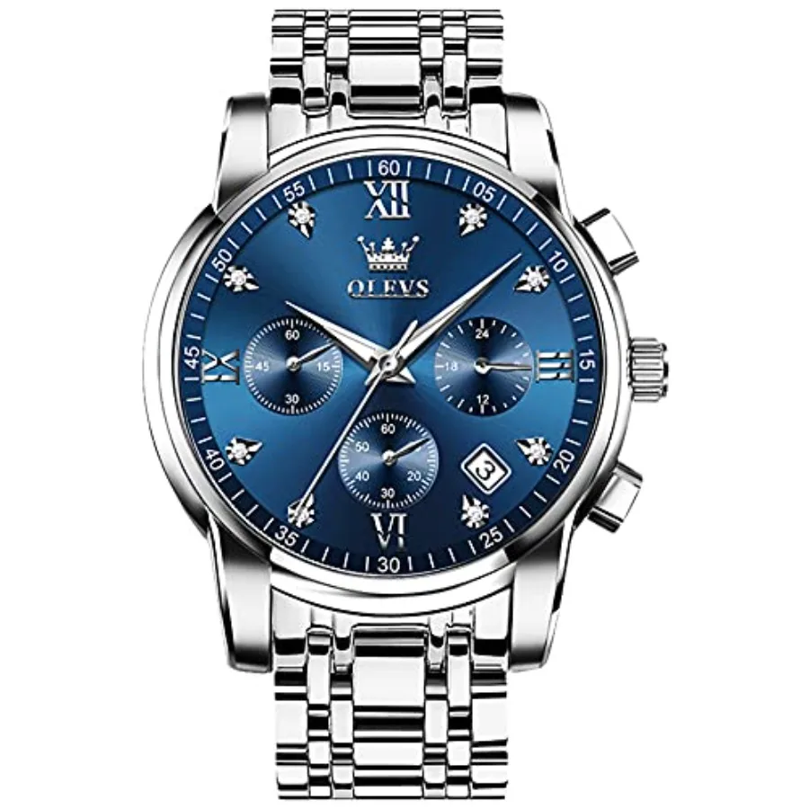 

OLEVS Men's Stainless Steel Chrograph Watch, Big Face Gold Silver Black Tone Easy to Read Analog Quartz Watch, Luxury Waterproo