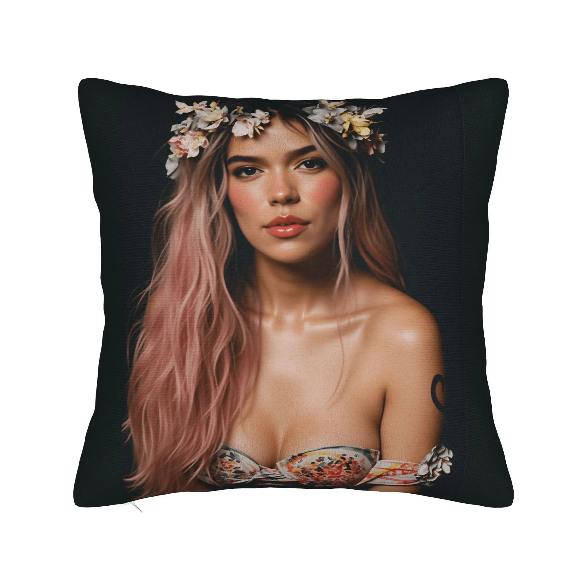 Karol G Pink Hair Flower Crown Portrait Pillow Case  Retro Trendy Pillow Cover Square Pillowcases For Sofa Bedroom Home Decor