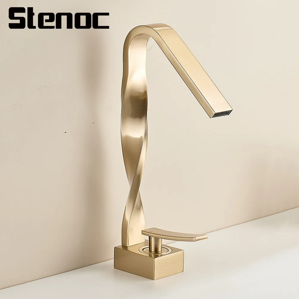 Stenoc New Creative Shaped Waterfall Brush Gold Single Hole Mixer Tap Deck Mounted Hot Cold Tap Sink Faucet Single Handle Brass