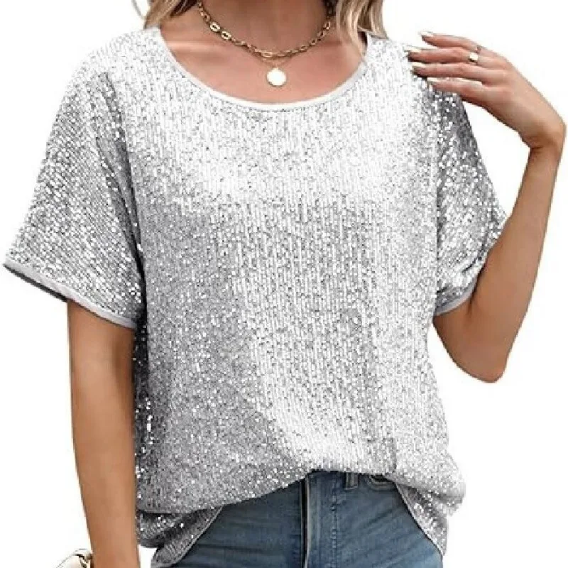 2024 Elegant Elegant New Loose Sequins Shoulder Short Sleeve Casual Sequin Deep V Shirt