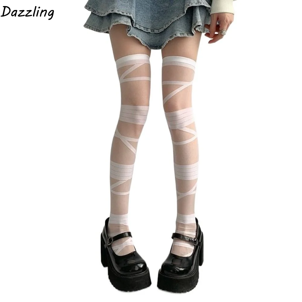Nylon Transparent Stripe Stockings Lolita JK Style Elastic High Tube Long Socks Breathable Pile Up Hosiery Above Knee Stocking