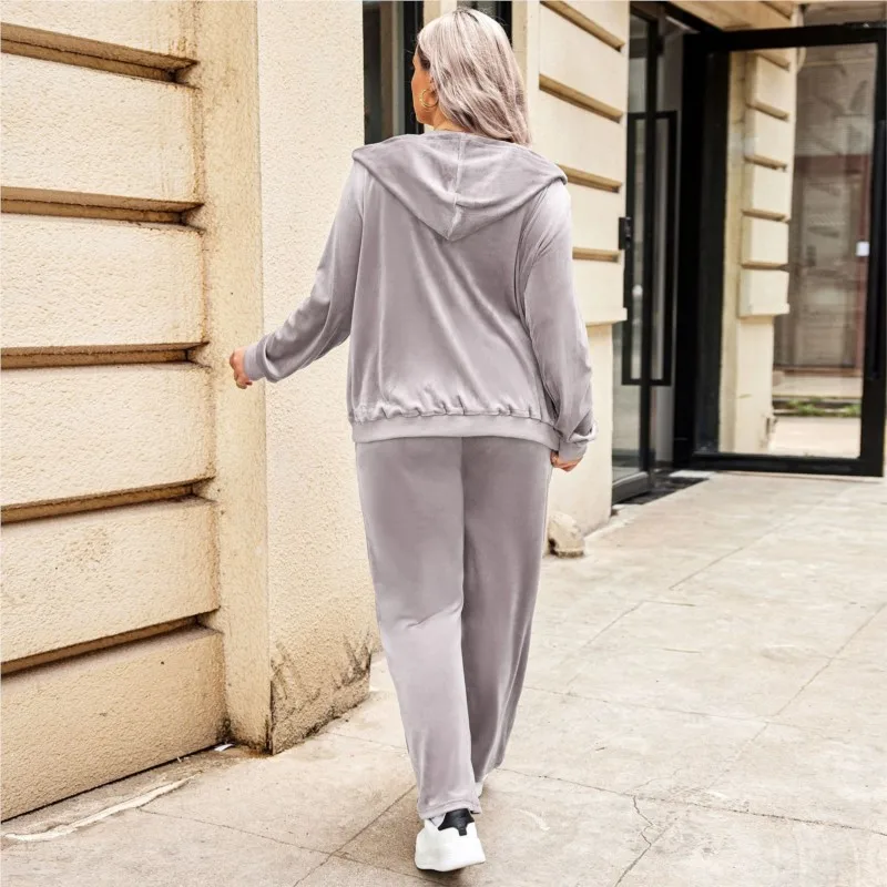 ชุดลำลองสองชิ้นสำหรับผู้หญิง เสื้อแจ็คเก็ตมีฮู้ดแบบซิป สีพื้น ทรงหลวม + เสื้อสเวตเชิ้ตแบบมีเชือกผูกเอว ชุดวอร์มสำหรับผู้หญิง