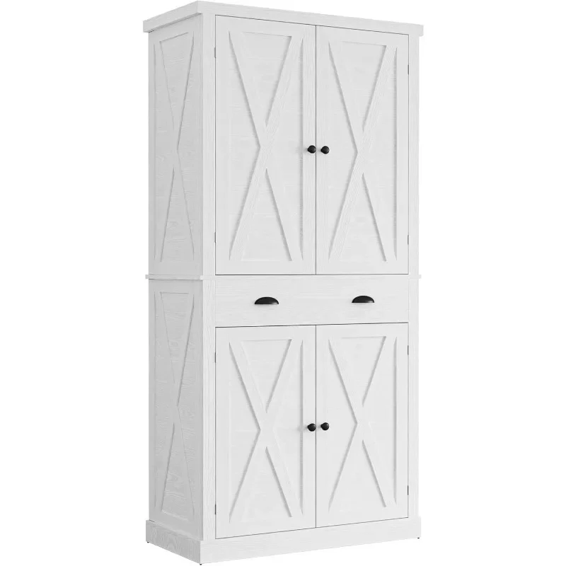 

Kitchen Pantry Storage Cabinet 72" Height, with Barn Doors, Drawer, 4 Adjustable Shelves, Freestanding Cupboard