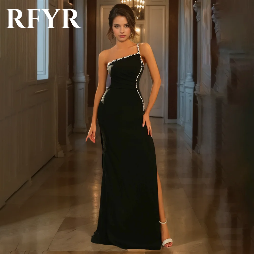 

RFYR Black Sleeveless Evening Dress Split Sexy One Shoulder Prom Dress Sequined Sweep Train Formal Dinner Dress Stain Customized