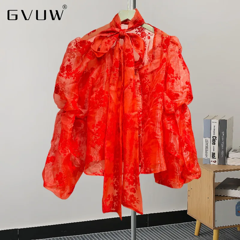 

GVUW Fashion Lace-up Shirts Women Full Sleeve Print Niche Design New 2024 Solid Color Female Loose Pullover Clothing 17G7107