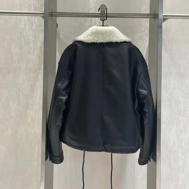 Manteau en peau de mouton véritable pour femme, veste à col en laine, grande poche, style décontracté, longueur courte, nouvelle marque, printemps et automne 2024