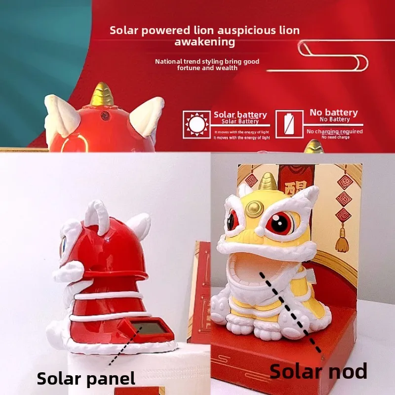 ملحقات سيارة رقص الأسد الشمسي، زخرفة الرأس المزخرفة، تميمة نعمة محظوظة لديكور لوحة قيادة السيارة