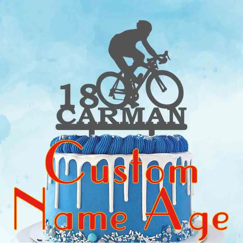 Personalized Bicycle Cake Topper Custom Name Age Man Riding Bike Silhouette For Cyclist Birthday Party Decoration Topper YC024