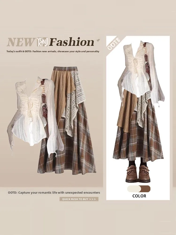 

Корейский легкий комплект Maturi Sle для женщин: весенняя приталенная юбка с поясом, клетчатым и кружевным узором, с высокой талией, с ярким принтом