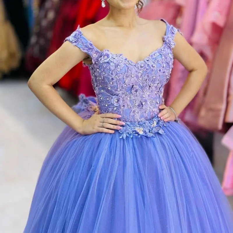 

Customized simple Purple Quinceanera Dresses Off the Shoulder Sequin 3D flower Lace Vestido De 15 Quinceanera
