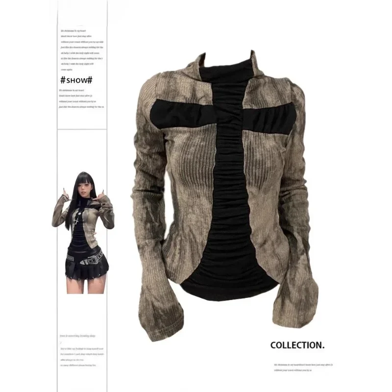 

Осенне-зимняя футболка с длинными рукавами, топы, пуловер контрастного цвета, повседневный американский женский пуловер