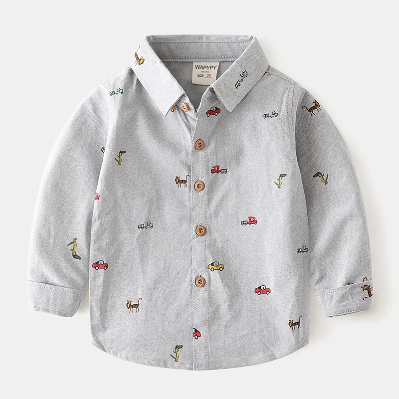 2024 Spring Autumn Boys Long Sleeves Shirt 2-6Years Baby Oxford Spinning Shirt Children Turn-down Collar Full Print Cotton Top