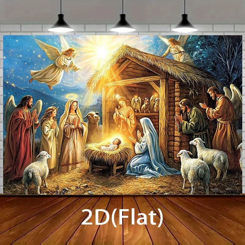 1 2D-Weihnachtszene-Hintergrund mit Schaffalte, Baby Jesus und Schaf – strapazierfähiges Polyestermaterial, kein Strom erforderlich