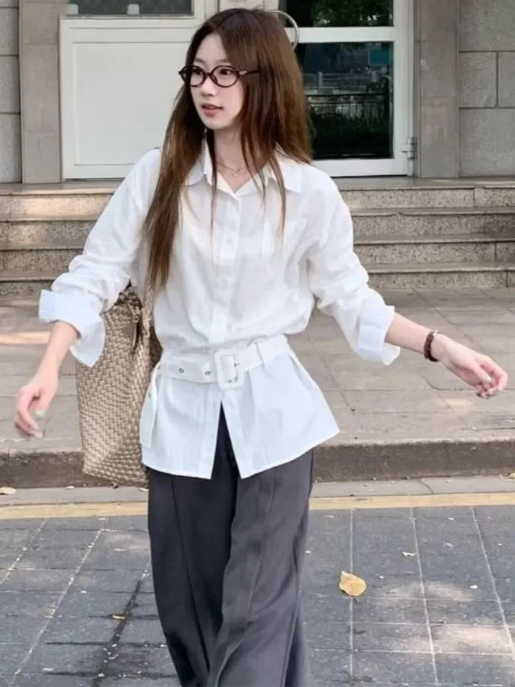 مكتب سيدة بلوزة بيضاء 2025 الملابس النسائية kamas De Mujer رفض طوق قمصان طويلة الأكمام خمر الخريف حزام البلوزات