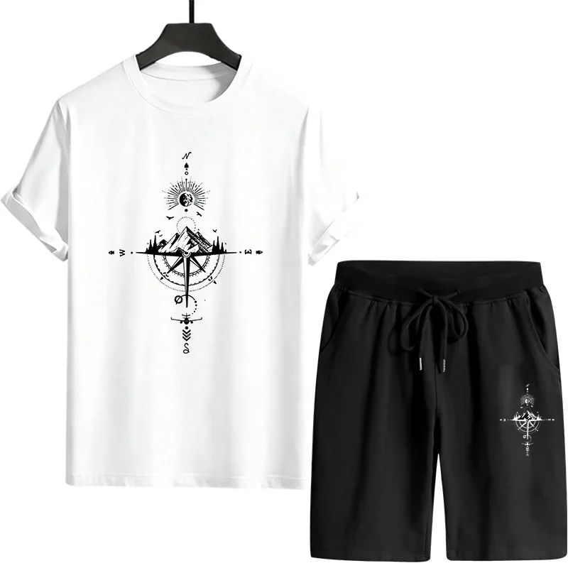 

Men Summer Tracksuit Set Casual Short Sleeve Tee And Shorts Outfit Urban Streetwear Fashion Retro Compass Print T-shirt Clothing