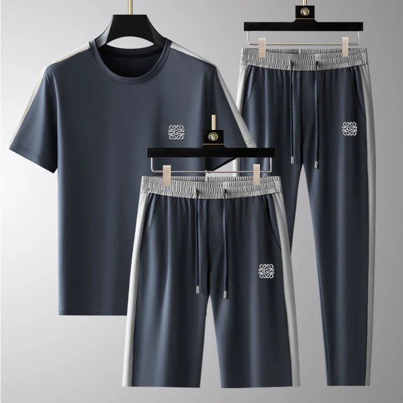 2024 Summer New Fashion Embroidery Ice Silk Sports Suit Men's Casual Relaxed Breathable High Quality Plus-Size Three-Piece Set